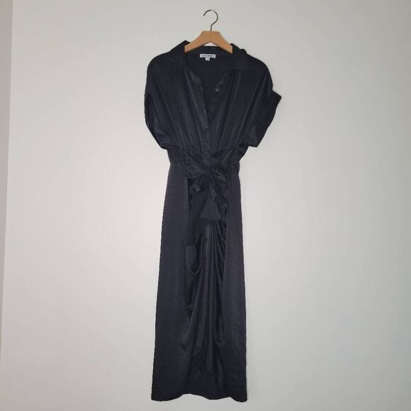 Steve Madden Black Midi Dress Tie Front Button Down 6 Shiny - Picture 1 of 8
